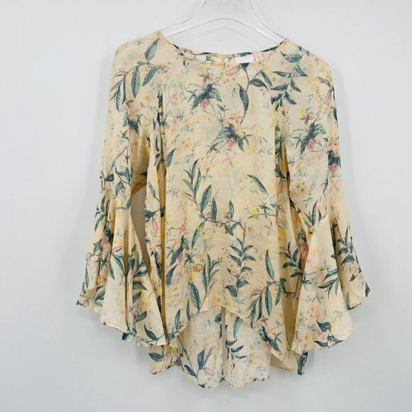 LC Lauren Conrad Size Medium Split Back Bell Sleeve Boho Floral Blouse Top - Picture 2 of 10